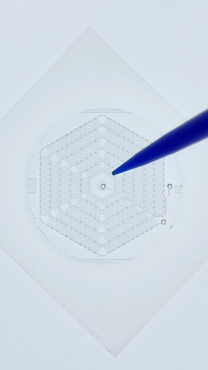 A hexagonal microfluidic chip on a pale background with the tip of a pen pointing at its center